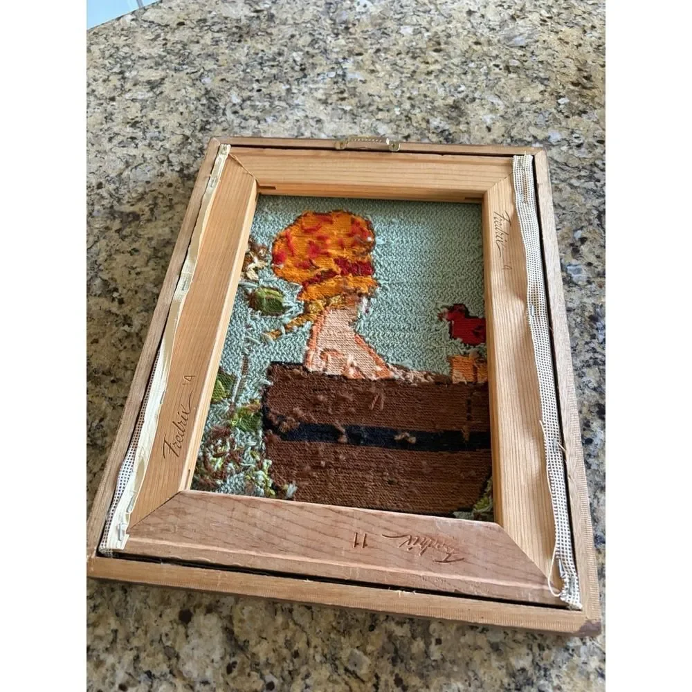 Vintage Needlepoint Finished Framed Saturday Night Bath Girl Birth Bath